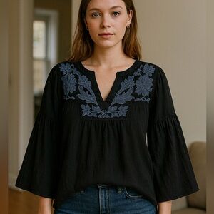 Loft Medium bell sleeve embroidered chest blouse. blue
